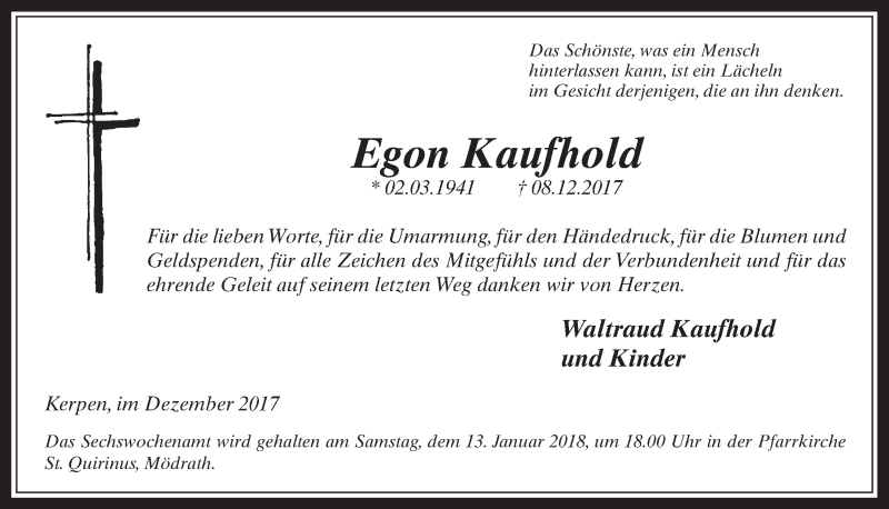  Traueranzeige für Egon Kaufhold vom 28.12.2017 aus  Werbepost 