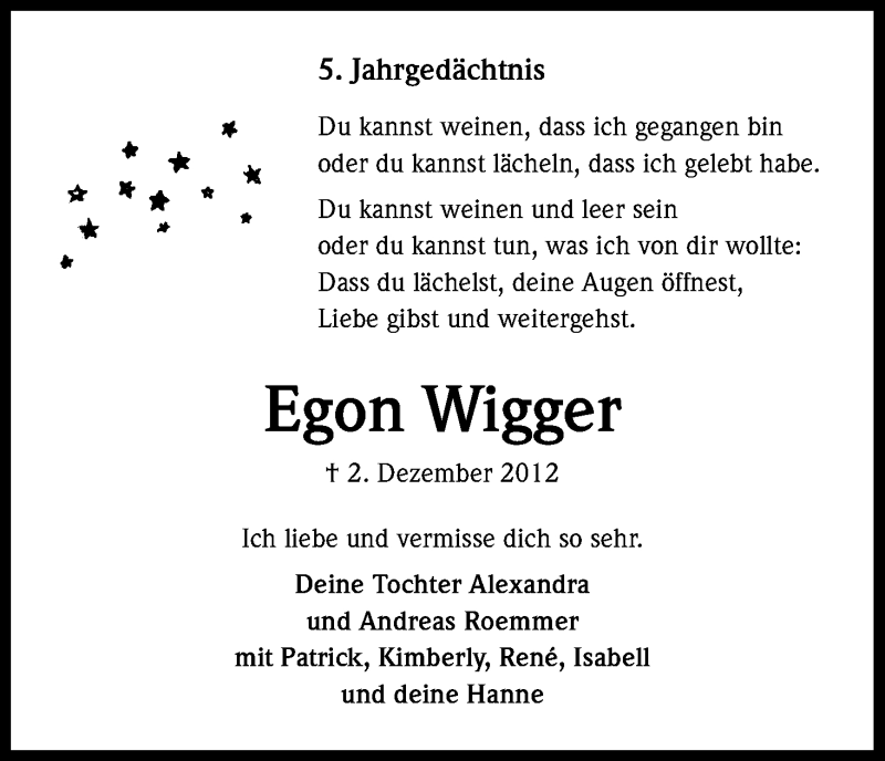  Traueranzeige für Egon Wigger vom 02.12.2017 aus Kölner Stadt-Anzeiger / Kölnische Rundschau / Express