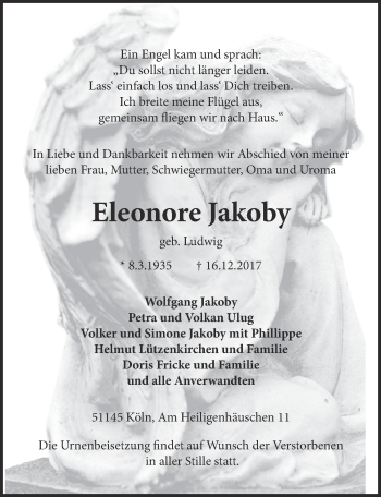 Anzeige von Eleonore Jakoby von  Kölner Wochenspiegel 