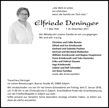Anzeige von Elfriede Deninger von Kölner Stadt-Anzeiger / Kölnische Rundschau / Express