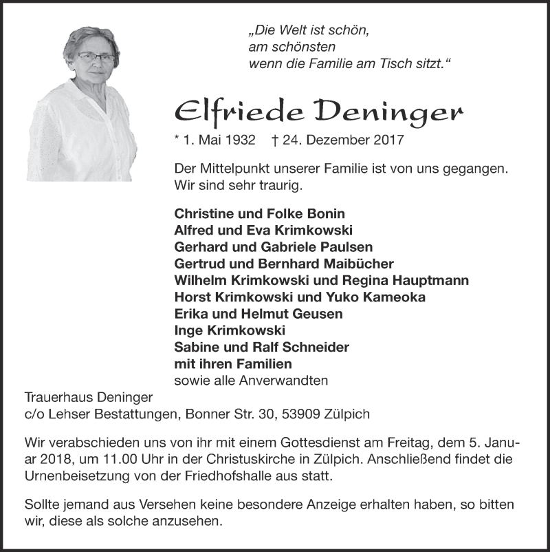  Traueranzeige für Elfriede Deninger vom 30.12.2017 aus  Blickpunkt Euskirchen 