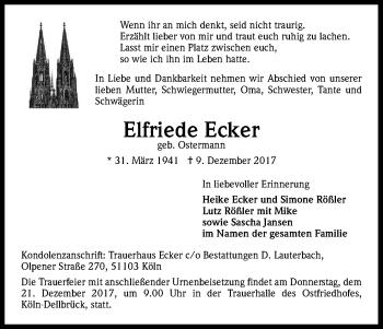 Anzeige von Elfriede Ecker von Kölner Stadt-Anzeiger / Kölnische Rundschau / Express