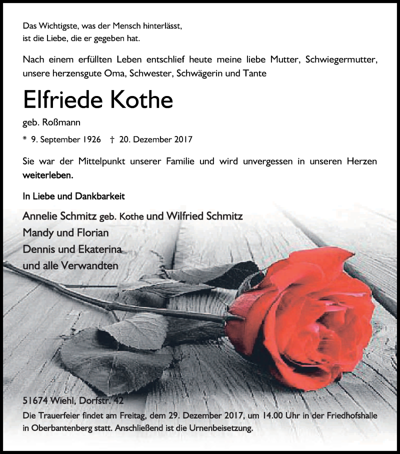  Traueranzeige für Elfriede Kothe vom 23.12.2017 aus Kölner Stadt-Anzeiger / Kölnische Rundschau / Express
