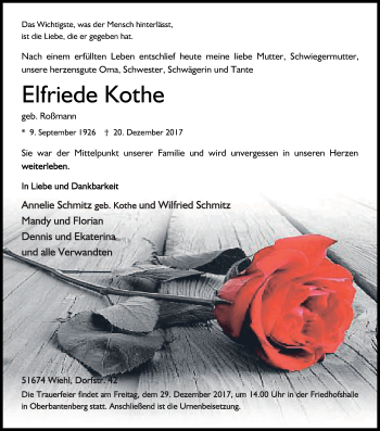 Anzeige von Elfriede Kothe von Kölner Stadt-Anzeiger / Kölnische Rundschau / Express