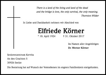 Anzeige von Elfriede Körner von Kölner Stadt-Anzeiger / Kölnische Rundschau / Express