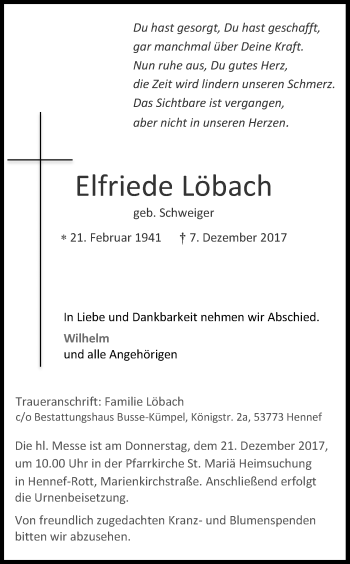 Anzeige von Elfriede Löbach von Kölner Stadt-Anzeiger / Kölnische Rundschau / Express