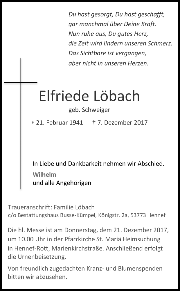  Traueranzeige für Elfriede Löbach vom 16.12.2017 aus Kölner Stadt-Anzeiger / Kölnische Rundschau / Express