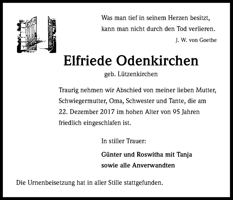  Traueranzeige für Elfriede Odenkirchen vom 30.12.2017 aus Kölner Stadt-Anzeiger / Kölnische Rundschau / Express