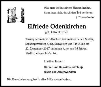 Anzeige von Elfriede Odenkirchen von Kölner Stadt-Anzeiger / Kölnische Rundschau / Express