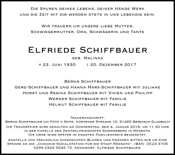 Anzeige von Elfriede Schiffbauer von Kölner Stadt-Anzeiger / Kölnische Rundschau / Express