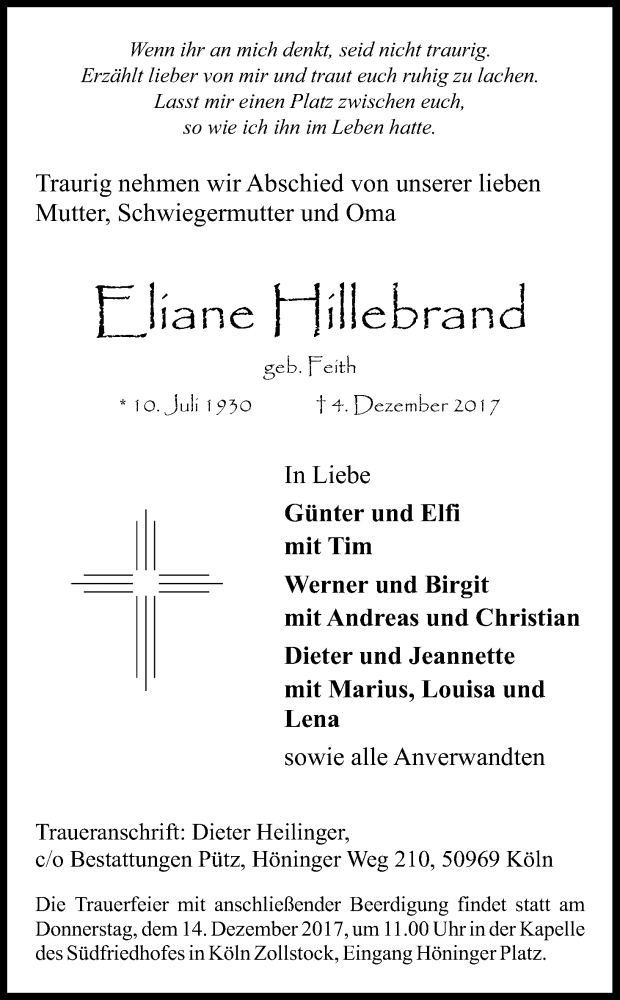  Traueranzeige für Eliane Hillebrand vom 09.12.2017 aus Kölner Stadt-Anzeiger / Kölnische Rundschau / Express