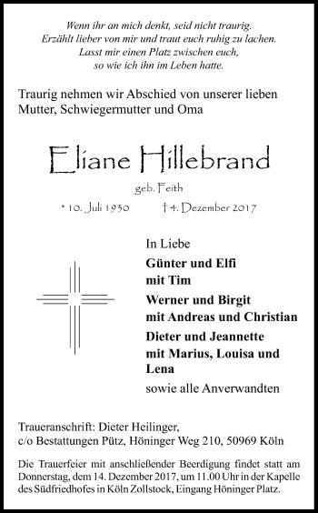 Anzeige von Eliane Hillebrand von Kölner Stadt-Anzeiger / Kölnische Rundschau / Express