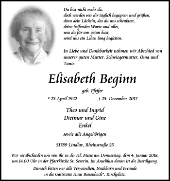 Anzeige von Elisabeth Beginn von Kölner Stadt-Anzeiger / Kölnische Rundschau / Express