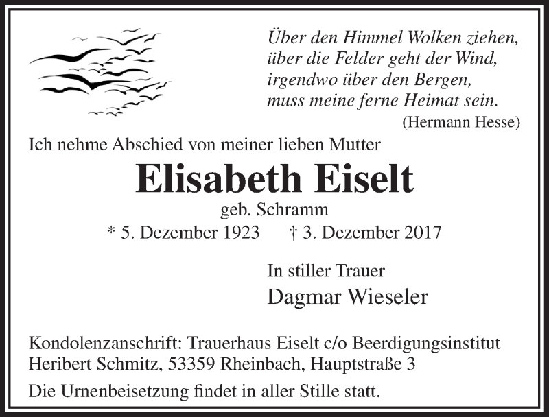 Traueranzeige für Elisabeth Eiselt vom 13.12.2017 aus  Schaufenster/Blickpunkt 