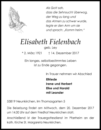 Anzeige von Elisabeth Fielenbach von Kölner Stadt-Anzeiger / Kölnische Rundschau / Express