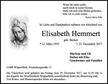 Anzeige von Elisabeth Hemmert von Kölner Stadt-Anzeiger / Kölnische Rundschau / Express