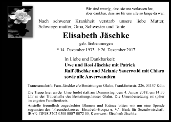 Anzeige von Elisabeth Jäschke 