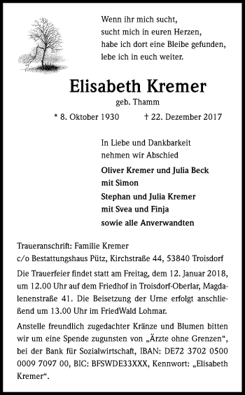 Anzeige von Elisabeth Kremer von Kölner Stadt-Anzeiger / Kölnische Rundschau / Express