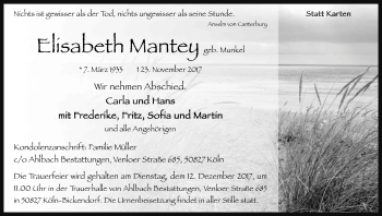Anzeige von Elisabeth Mantey von Kölner Stadt-Anzeiger / Kölnische Rundschau / Express