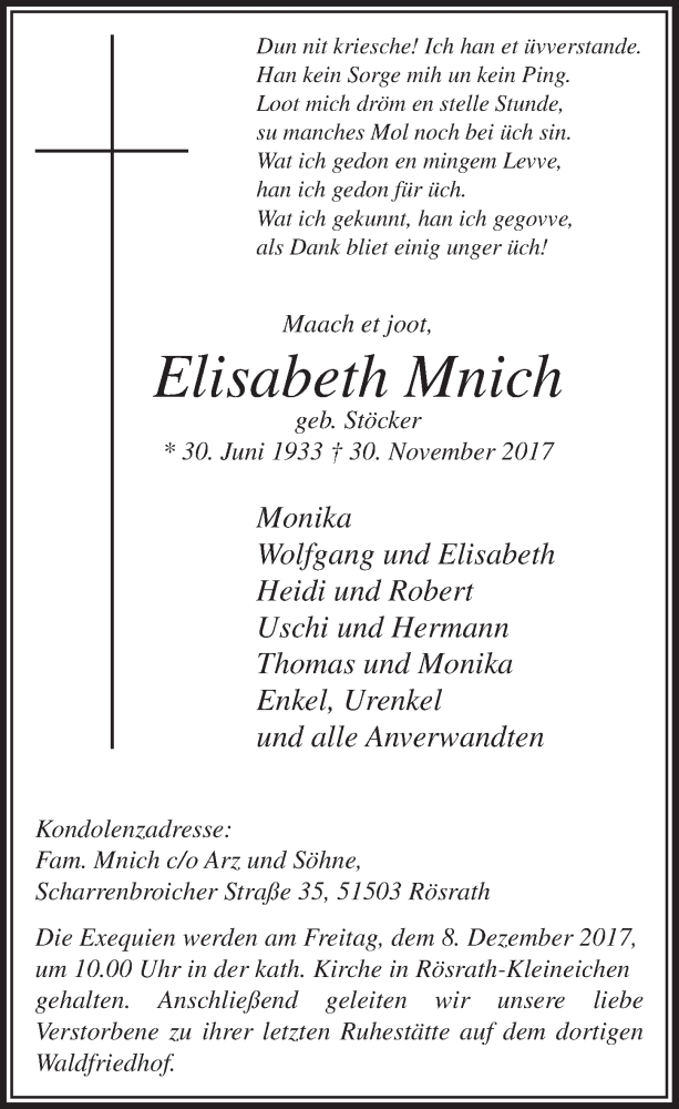  Traueranzeige für Elisabeth Mnich vom 06.12.2017 aus  Wochenende 