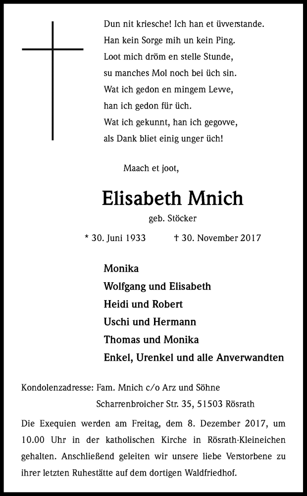  Traueranzeige für Elisabeth Mnich vom 05.12.2017 aus Kölner Stadt-Anzeiger / Kölnische Rundschau / Express