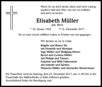 Anzeige von Elisabeth Müller von Kölner Stadt-Anzeiger / Kölnische Rundschau / Express
