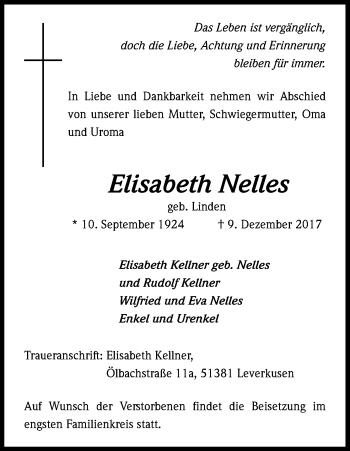 Anzeige von Elisabeth Nelles von Kölner Stadt-Anzeiger / Kölnische Rundschau / Express