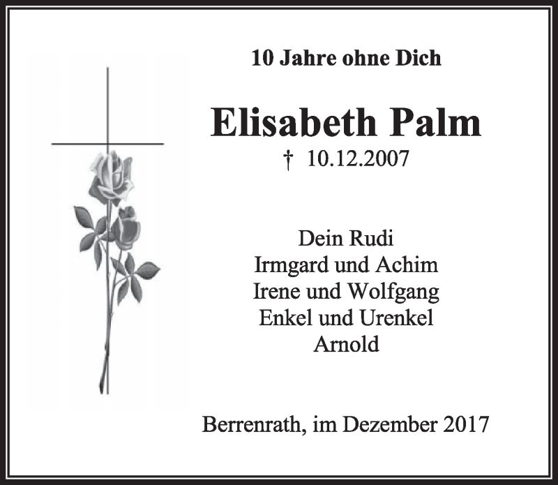  Traueranzeige für Elisabeth Palm vom 09.12.2017 aus  Sonntags-Post 