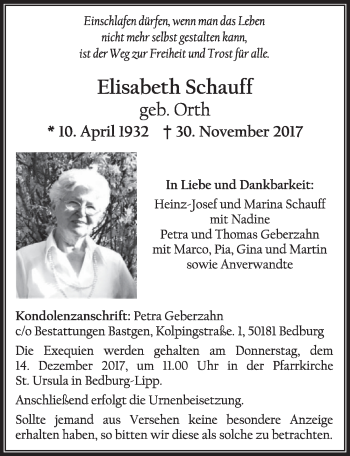 Anzeige von Elisabeth Schauff von  Sonntags-Post 