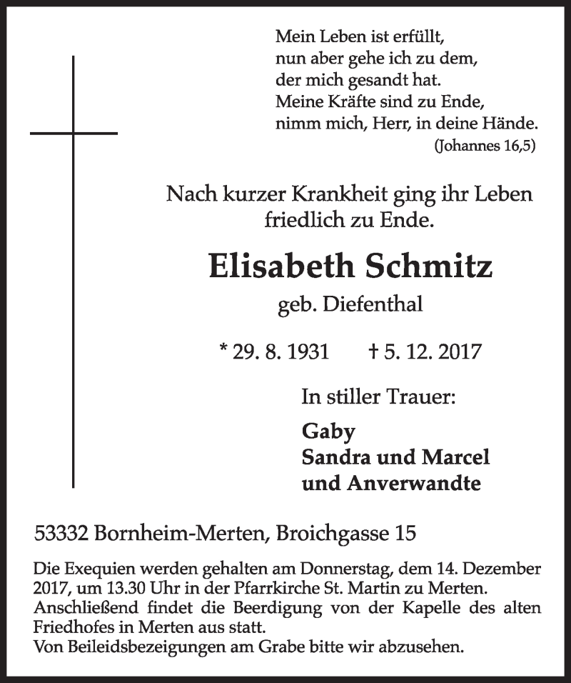  Traueranzeige für Elisabeth Schmitz vom 13.12.2017 aus  Schlossbote/Werbekurier 
