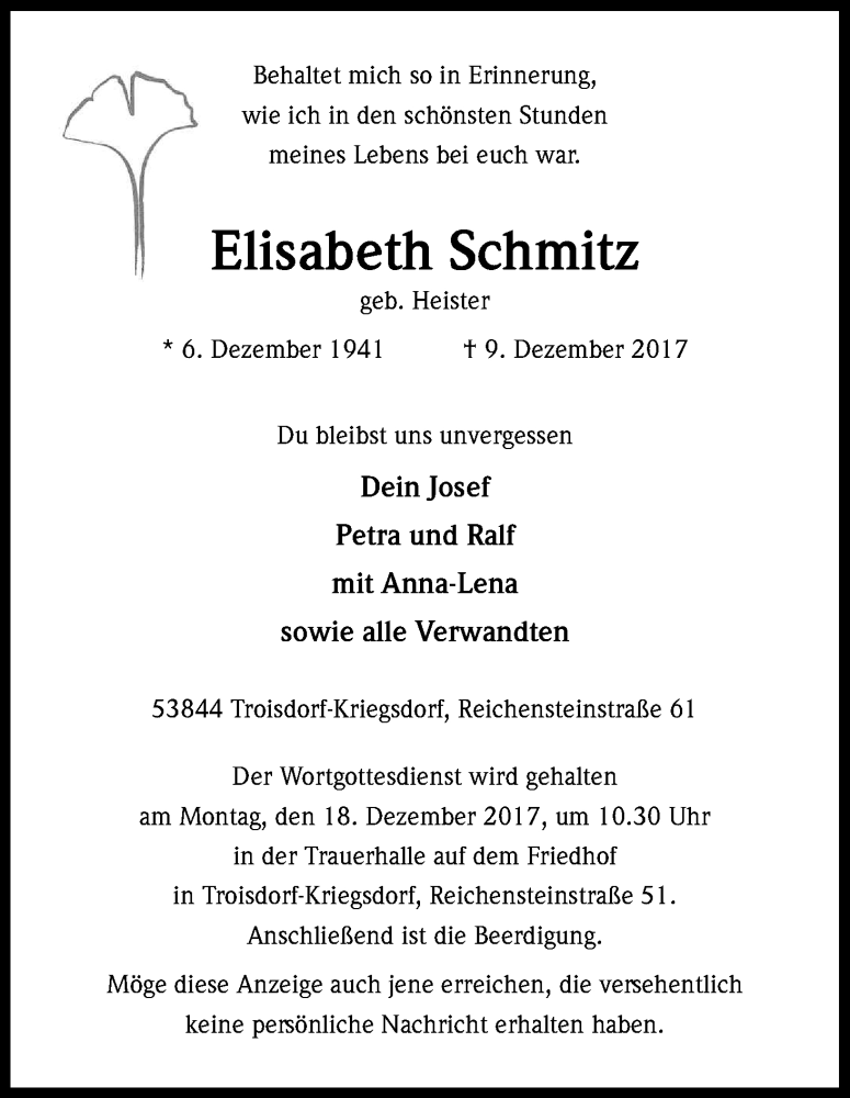  Traueranzeige für Elisabeth Schmitz vom 13.12.2017 aus Kölner Stadt-Anzeiger / Kölnische Rundschau / Express