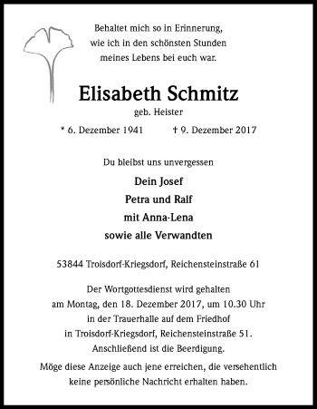 Anzeige von Elisabeth Schmitz von Kölner Stadt-Anzeiger / Kölnische Rundschau / Express