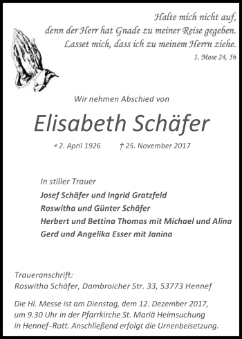 Anzeige von Elisabeth Schäfer von Kölner Stadt-Anzeiger / Kölnische Rundschau / Express