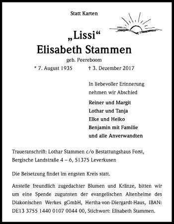Anzeige von Elisabeth Stammen von Kölner Stadt-Anzeiger / Kölnische Rundschau / Express