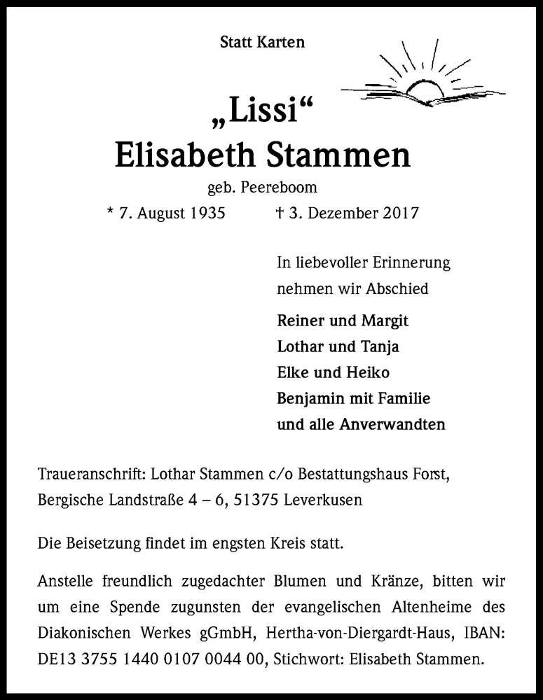  Traueranzeige für Elisabeth Stammen vom 09.12.2017 aus Kölner Stadt-Anzeiger / Kölnische Rundschau / Express