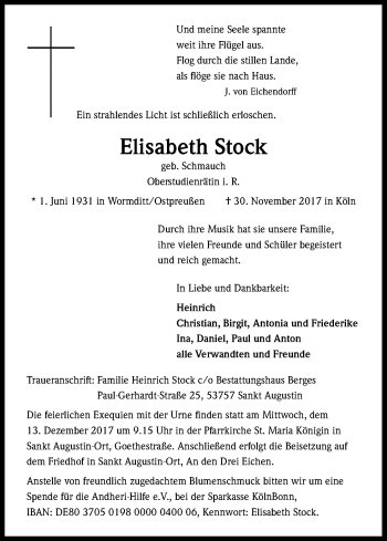 Anzeige von Elisabeth Stock von Kölner Stadt-Anzeiger / Kölnische Rundschau / Express