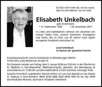 Anzeige von Elisabeth Unkelbach von Kölner Stadt-Anzeiger / Kölnische Rundschau / Express