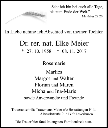 Anzeige von Elke Meier von Kölner Stadt-Anzeiger / Kölnische Rundschau / Express