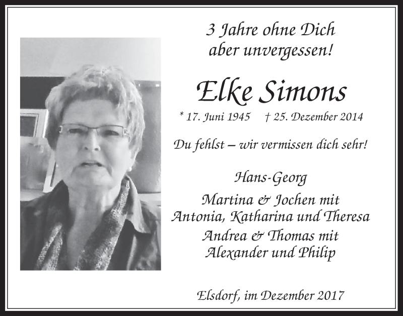  Traueranzeige für Elke Simons vom 20.12.2017 aus  Werbepost 