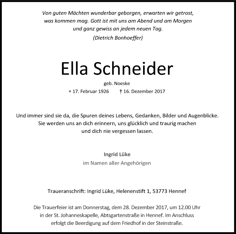  Traueranzeige für Ella Schneider vom 21.12.2017 aus Kölner Stadt-Anzeiger / Kölnische Rundschau / Express