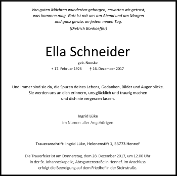 Anzeige von Ella Schneider von Kölner Stadt-Anzeiger / Kölnische Rundschau / Express