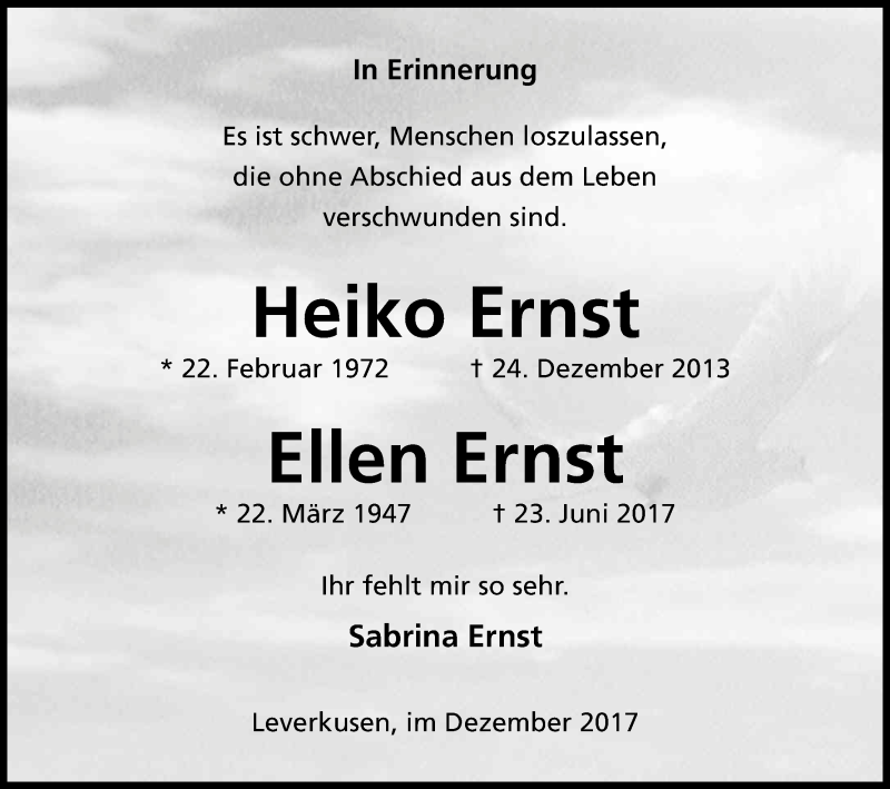 Traueranzeige für Ellen Ernst vom 23.12.2017 aus Kölner Stadt-Anzeiger / Kölnische Rundschau / Express