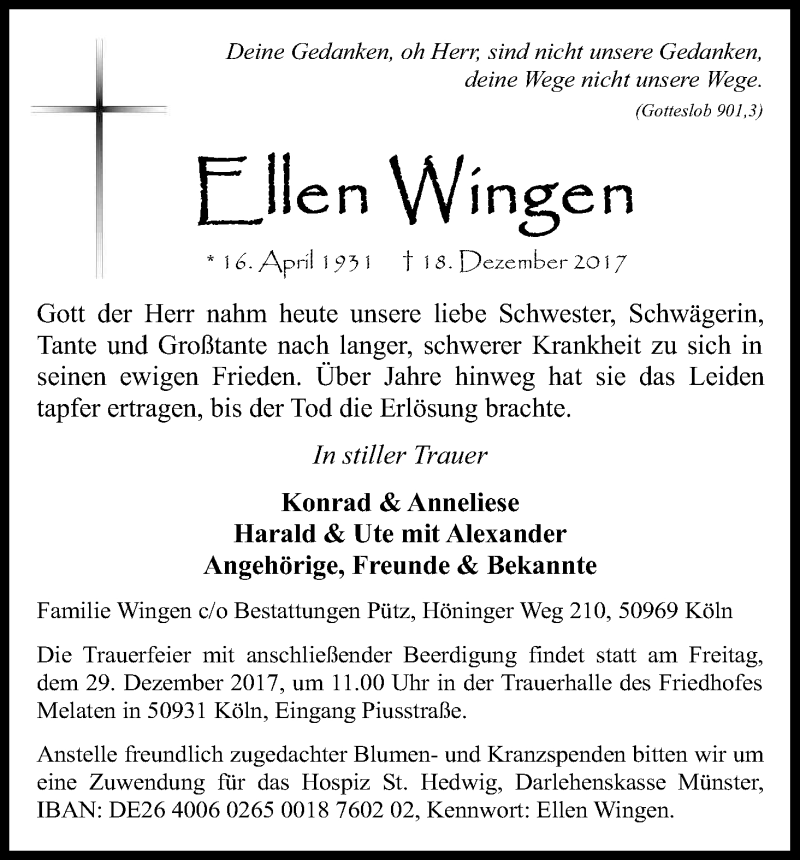  Traueranzeige für Ellen Wingen vom 23.12.2017 aus Kölner Stadt-Anzeiger / Kölnische Rundschau / Express