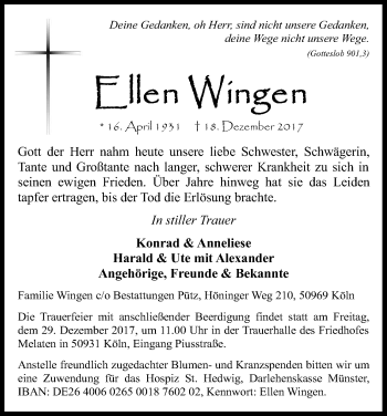 Anzeige von Ellen Wingen von Kölner Stadt-Anzeiger / Kölnische Rundschau / Express
