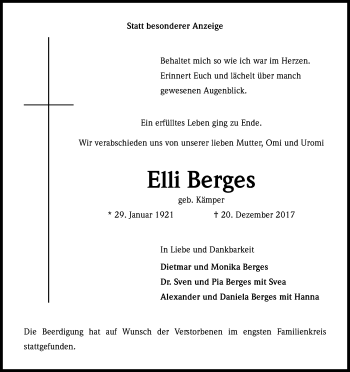 Anzeige von Elli Berges von Kölner Stadt-Anzeiger / Kölnische Rundschau / Express