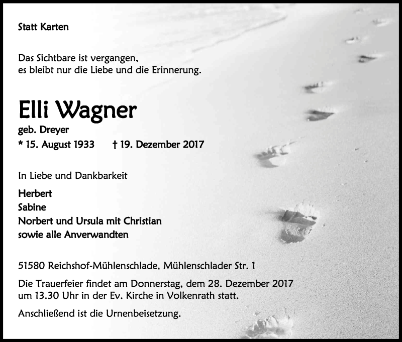  Traueranzeige für Elli Wagner vom 23.12.2017 aus Kölner Stadt-Anzeiger / Kölnische Rundschau / Express