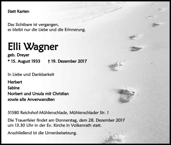 Anzeige von Elli Wagner von Kölner Stadt-Anzeiger / Kölnische Rundschau / Express