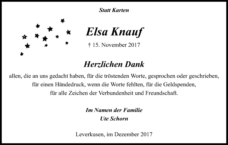  Traueranzeige für Elsa Knauf vom 23.12.2017 aus Kölner Stadt-Anzeiger / Kölnische Rundschau / Express