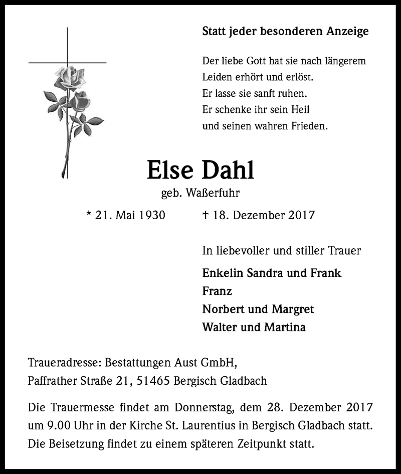  Traueranzeige für Else Dahl vom 23.12.2017 aus Kölner Stadt-Anzeiger / Kölnische Rundschau / Express