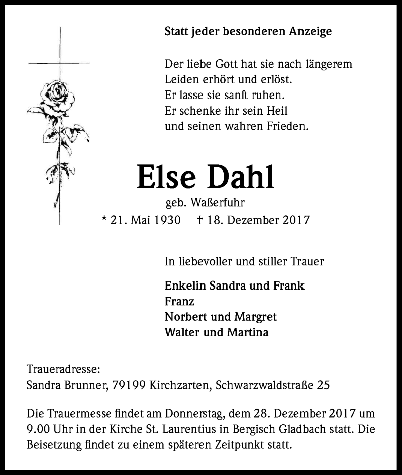  Traueranzeige für Else Dahl vom 22.12.2017 aus Kölner Stadt-Anzeiger / Kölnische Rundschau / Express